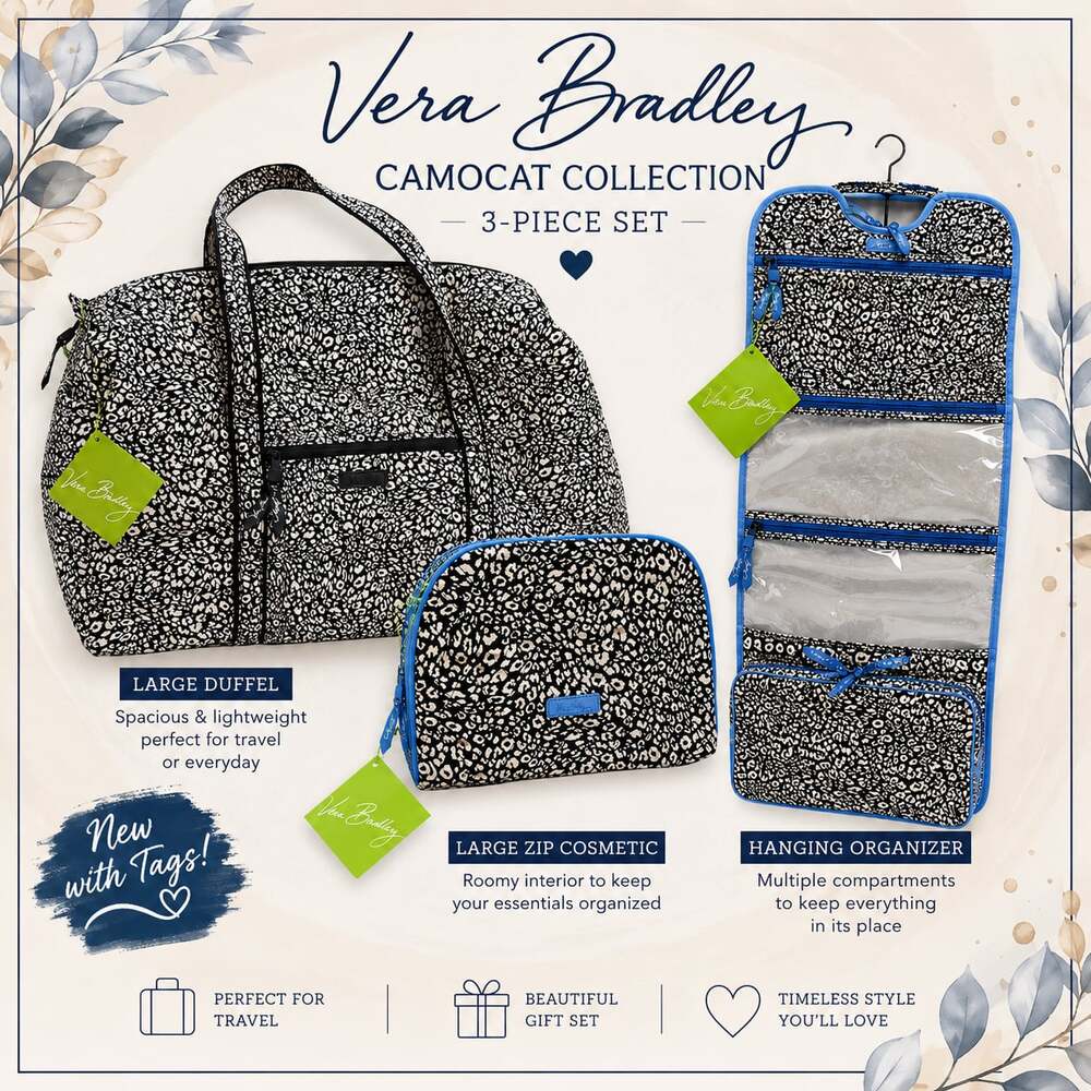 Vera Bradley Camocat Camouflage Cat Print 3-Piece Travel Bag Set New with Tags